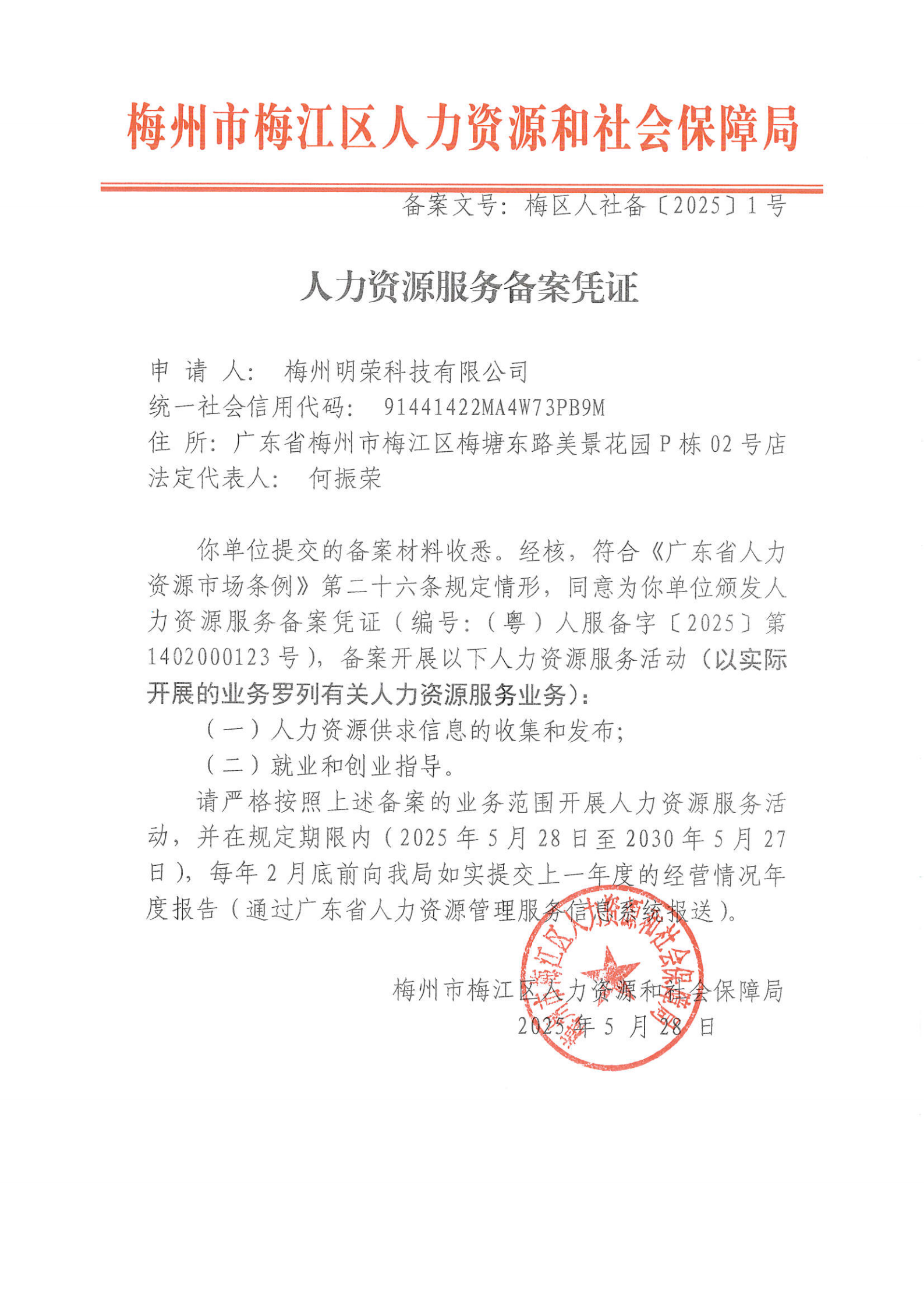 提取自人力資源服務備案憑證（梅區人社備〔2025〕1號）.png
