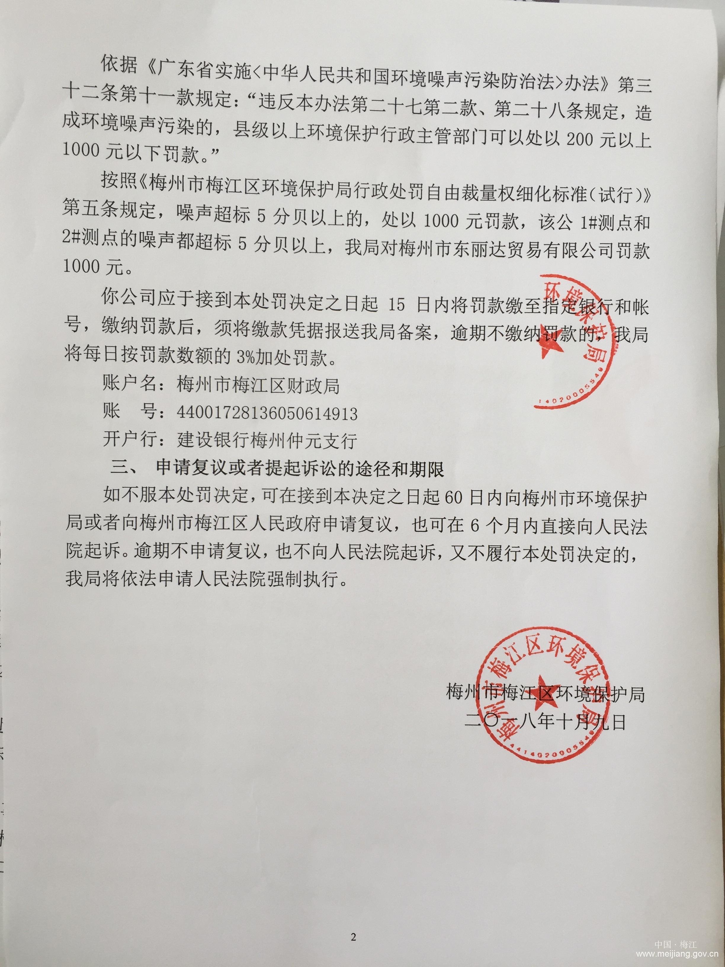 梅區環罰字[2018]044號（梅州市東麗達貿易有限公司）1
